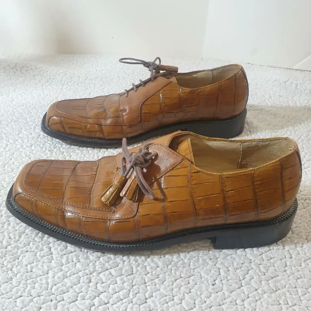 Florsheim Mens Barletta Derby Dress Shoes Brown Leather Crocodile Print 11D